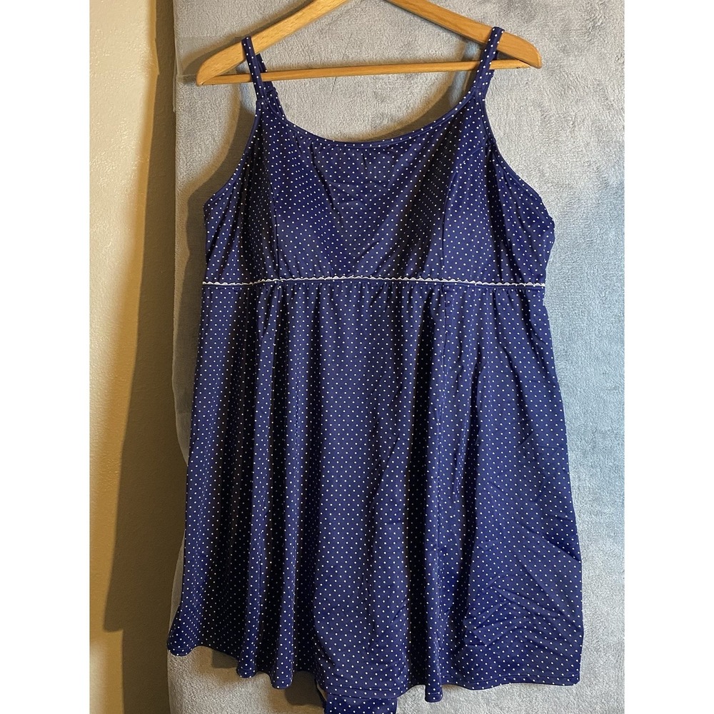 L.L Bean Blue Polka Dot Empire Waist Swim Dress Black Retro Modest Suit Size 26W